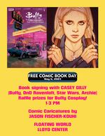 A poster advertising Free Comic Book Day at Floating World Comics. 