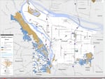 A map of Portland is labeled "Wildfire Hazard Zones." It specifically calls out the locations of city fire stations, areas designated as wildfire hazard zones, and parks located within wildfire hazard zones. The largest hazard zones span the city's west hills from Linnton Park through Forest Park and south to Tryan Creek State Natural Area, the area around Powell Butte Park area, and an area roughly around Rocky Butte.