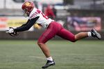 Central Catholic wide reciever Silas Starr (8) catches a thrown pass. The Central Catholic Rams played the Lake Oswego Lakers at Hillsboro Stadium in Hillsboro, Oregon, on Dec. 7, 2019. The Rams defeated the Lakers 49-28.