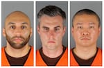 FILE - This combination of photos provided by the Hennepin County Sheriff's Office in Minnesota on June 3, 2020, shows, from left, former Minneapolis police officers J. Alexander Kueng, Thomas Lane and Tou Thao. The former policer officers are on trial in federal court accused of violating Floyd's civil rights as fellow Officer Derek Chauvin killed him. Judge Paul Magnuson abruptly recessed on Wednesday, Feb. 2, 2022 after one of the defendants tested positive for COVID-19.