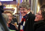 Democratic candidate Jamie McLeod-Skinner mingles with supporters at Silver Moon Brewery in Bend, Ore., on Tuesday night, Nov. 8, 2022. She's running for Oregon's Fifth Congressional District, a tight race that has attracted national attention.