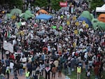 Activists and students participate in an encampment protest at the University Yard at George Washington University on Thursday.