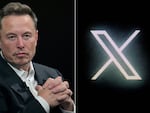 Elon Musk says he will fight charges of violating Europe's Digital Services Act. Musk during a visit at the Vivatech technology startups and innovation fair in Paris, on June 16, 2023 and (R) the new Twitter logo rebranded as X, pictured on a screen in Paris on July 24, 2023.