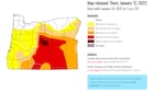 A U.S. Drought Monitor map showing drought conditions across Oregon on Jan. 12, 2023. Crook County is the only one in "exceptional drought" conditions.