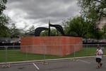 A sculpture by Alexander Calder is barricaded at the entrance to the National Gallery of Art during the Freedom 250 Grand Prix on Aug. 22, 2026.