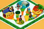 A college graduate stands at the start of a multi-path game board. The different paths show ways the student can pay for college.