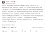 A screenshot of President Donald Trump's post on Truth Social on Feb. 3, 2025. Trump has nominated former Washington state congressional candidate Joe Kent to be the next director of the National Counter Terrorism Center.