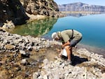 An aquatic ecologist measures the temperature of a spring that feeds into Crater Lake.