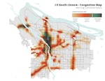 This acquired graphic shows how congested different areas of Portland might become when all southbound lanes of I-5 close for five weeks beginning late in the evening on Sept. 11, 2026. The closure will allow construction crews to make repairs and improvements to a 2-mile stretch of the highway.