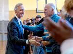 Portland mayor-elect Keith Wilson shakes hands after his official acceptance speech Thursday, at the Charles Jordan Community Center in Portland, Ore., Nov. 7, 2024. Wilson shared a hopeful view of the city’s future, speaking about ending “unsheltered homelessness and open drug use,” as well as restoring public safety in Portland.