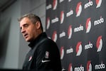 Portland Trail Blazers Head Coach Micah Nori speaks in a press conference during the Portland Trail Blazers Media Day at the Moda Center in Portland, Ore., on Sept. 28, 2026.