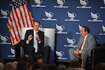 Republican Iowa Rep. Randy Feenstra (left) speaks with Iowa Republican Party Chairman Jeff Kaufmann at the Iowa Faith and Freedom Coalition's Spring Kickoff event May 1, 2026.