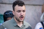 Khalil speaking at a pro-Palestinian protest at Columbia University in April 2024.