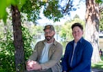 Ruth Vernotico, left, and Jordan Isaacson in Bend, Ore., on Jun. 6, 2024. Vernotico, the founder and editor-in-chief of SUS, and Isaacson, the vice president of Bend Pride Coalition, helped produce Bend Pride 2024.