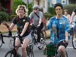 A biker dressed as Commander Data from Star Trek Next Generation holds up the Vulcan hand signal for "Live long and prosper," at Pedalpalooza's Star Trek ride in Southeast Portland, Tuesday, August 5.