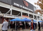 Students begin to line up for COVID-19 testing at Reser Stadium in Corvallis, Ore., on Oregon State University’s first day of move-in on Sept. 19, 2021.