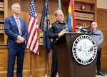 Portland Police Chief Bob Day and Mayor Ted Wheeler (left) address media at a press conference in Portland City Hall on January 24, 2024.