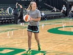 New York Liberty guard Sabrina Ionescu laughs during warmups before a preseason WNBA basketball game against the Toyota Antelopes, of Japan, in Eugene, Oregon, Monday, May 12, 2025.