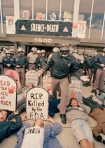 Demonstrators from the organization ACT UP, angry with the federal government's response to the AIDS crisis, protest in front of the headquarters of the Food and Drug Administration in Rockville, Md., Oct. 11, 1988, and effectively shut it down.