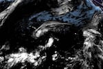 This satellite image released by NOAA shows Tropical Storm Lala over the Pacific Ocean, near Hawaii, Saturday, Aug. 15, 2026.
