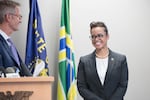 Portland Police Chief Danielle Outlaw with Mayor Ted Wheeler at Outlaw's introduction, Aug. 10, 2017.