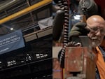 A banner reading “Victory in the field bigins in the factory.” hangs at the Scranton Army Ammunition Plant; A Scranton Army Ammunition Plant employee works the [Billet Saw?].