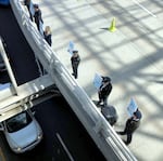 Alaska Airlines pilots picket at Portland International Airport Friday, April 1, 2022, protesting an impasse in a nearly three-year contract negotiation. Flights were canceled on the West Coast, including 20 in Portland. 