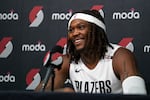 Portland Trail Blazers center and power forward Robert Williams III laughs at the Portland Trail Blazers Media Day at the Moda Center in Portland, Ore., on Sept. 28, 2026.
