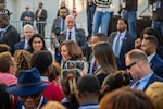 Vice President Kamala Harris greets supporters at a campaign rally at South Carolina State University in February.