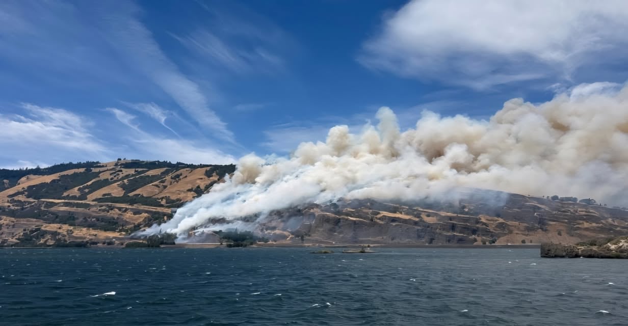 A fire is discovered in the area of Highway 14 MP 69 and Courtney Road near Bingen, Wash.