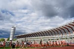 FILE - Runners compete in the women's 10,000-meter final during the U.S. Track and Field Olympic Team Trials Saturday, June 29, 2024, at Hayward Field in Eugene, Ore.