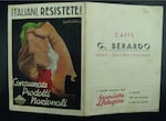 An Italian menu from the fascist period with a propagandistic illustration of a hand in a fist holding an Italian flag, promoting domestic food production. Translation: Italians, resist! Buy national [Italian] products.