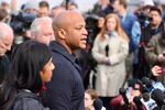 Governor Wes Moore speaks at a news conference at the Maryland Department of Transportation campus near the bridge.
