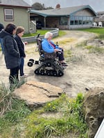 Earlier in 2023, 82-year-old Alice Yates took the new chair for a test drive on the beach in Manzanita.