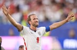 England striker Harry Kane celebrates following the World Cup quarterfinal match against Norway on July 11, 2026 in Miami Gardens, Fla.