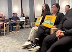 Maria Hinojos Pressey, Deputy Director of Pineros y Campesinos Unidos del Noroeste, sits with Marta Guembes, co-chair of the Por la Causa group formed to rename Cesar Chavez Boulevard, at a Sept. 2, 2026 Portland City Council meeting.