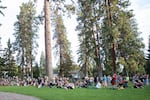Hundreds gather at Drake Park in Bend, Ore., Monday, Aug. 29, 2022, for a vigil to honor victims of a shooting the day prior. A gunman opened fire at a Safeway in Bend on Sunday, killing two people.