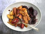 A melange of roasted root vegetables slathered in miso