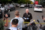 Portland Police Bureau spokesperson Mike Benner speaks to the media following a shooting in Southeast Portland that left a wanted suspect and a Portland Police Bureau K-9 dead, Sept. 24, 2026.