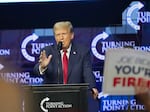 Republican presidential candidate and former President Donald Trump speaks at a campaign event Saturday, June 15, 2024, in Detroit. (AP Photo/Carlos Osorio)