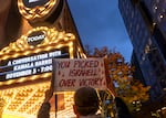 A small group of protesters were outside the Arlene Schnitzer Concert Hall on Wednesday, Nov. 5, 2025, where former Vice President Kamala Harris was speaking on a book tour.