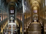 This combination of pictures created on November 29, 2024 shows the nave of Notre-Dame de Paris cathedral in Paris on November 29, 2024 (R) and on June 28, 2017 (L). The Notre-Dame Cathedral is set to re-open early December 2024, with a planned weekend of ceremonies on December 7 and 8, 2024, five years after the 2019 fire which ravaged the world heritage landmark and toppled its spire. Some 250 companies and hundreds of experts were mobilised for the five-year restoration costing hundreds of millions of euros. 