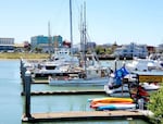 Elmarue at dock in Woodley Island marina near Eureka's Old Town.