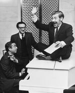 Sheldon Harnick, center, with Jerry Bock, left, and actor Alfie Bass in London after it was announced that Bock would take over the role of Tevye in Fiddler on the Roof in October 1967.