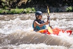 Indigenous kayaker Tasia Linwood practices whitewater skills on the Klamath River in June 2023.