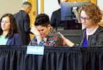 Rita Schenkelberg, center, with fellow councilors, shortly before they resigned at a Bend city meeting on May 18, 2022.