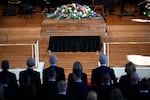 The casket of former US First Lady Rosalynn Carter is seen during a tribute service, at Glenn Memorial Church in Atlanta, Georgia, on November 28, 2023.