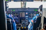 Pilot Conor Maginn at the controls of a NOAA Hurricane Hunter jet. Portland, Feb 22, 2026