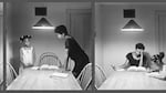 A three panel black and white image shows different scenes of a Black woman and young girl sitting at a kitchen table, under an overhead light.