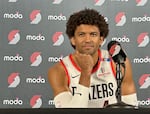 Portland Trail Blazers forward Matisse Thybulle answers questions at the team's media day Sept. 30, 2024. Thybulle is entering his second full season with the team.